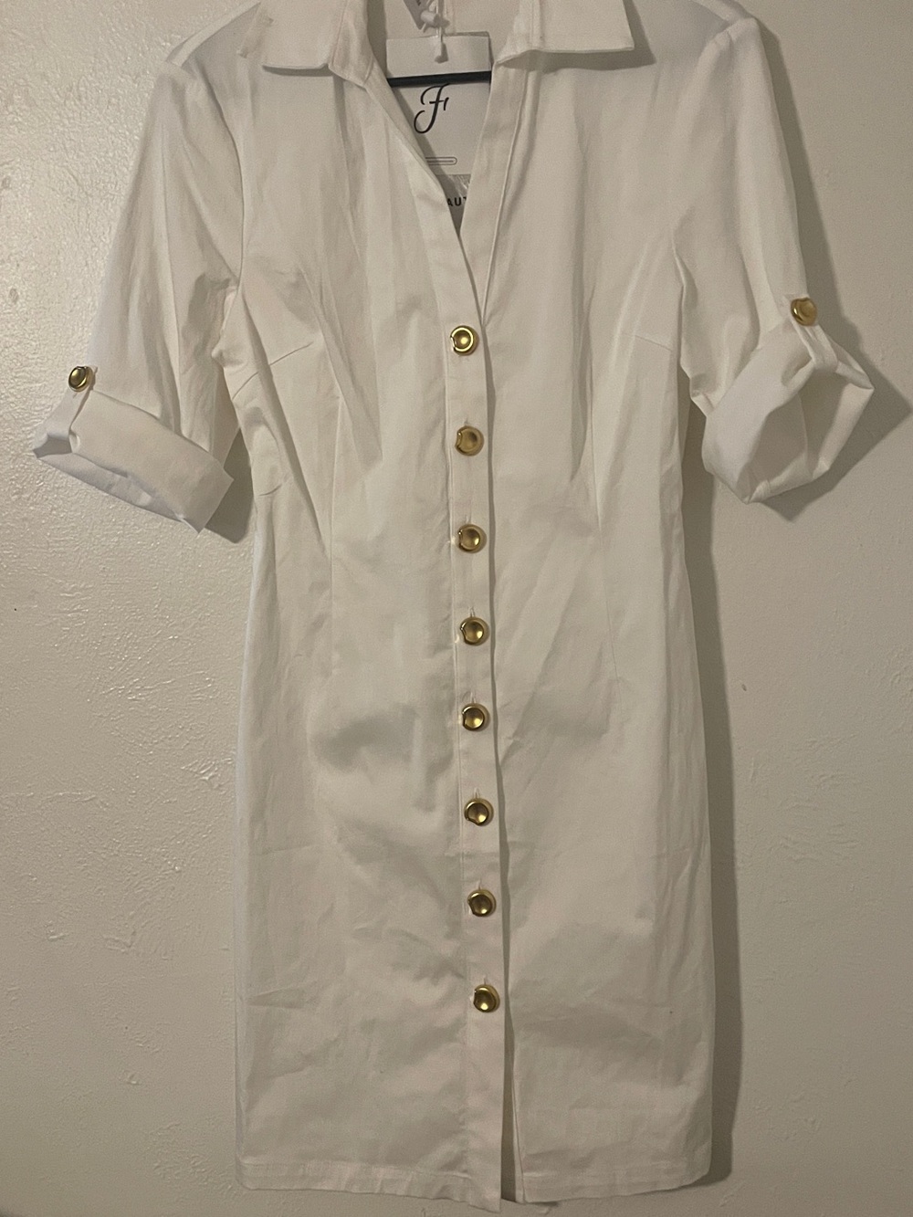 FEHAUTE NWT White Cotton Gold Button Short Shirt Dress Roll Tab Sleeve Size 2